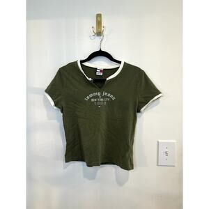 Vintage Tommy Jeans Baby Tee Green Logo Ringer Top Y2K 90s Crop Tee XL